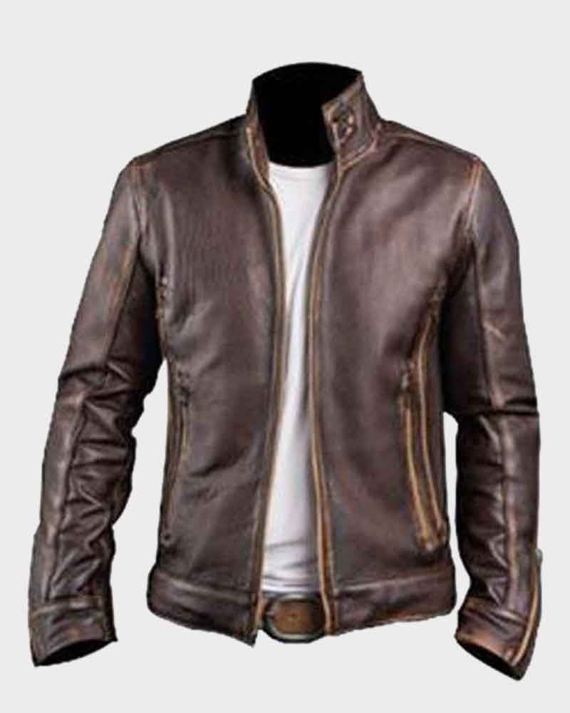 Mens Cafe Racer Style Brown Leather Jacket