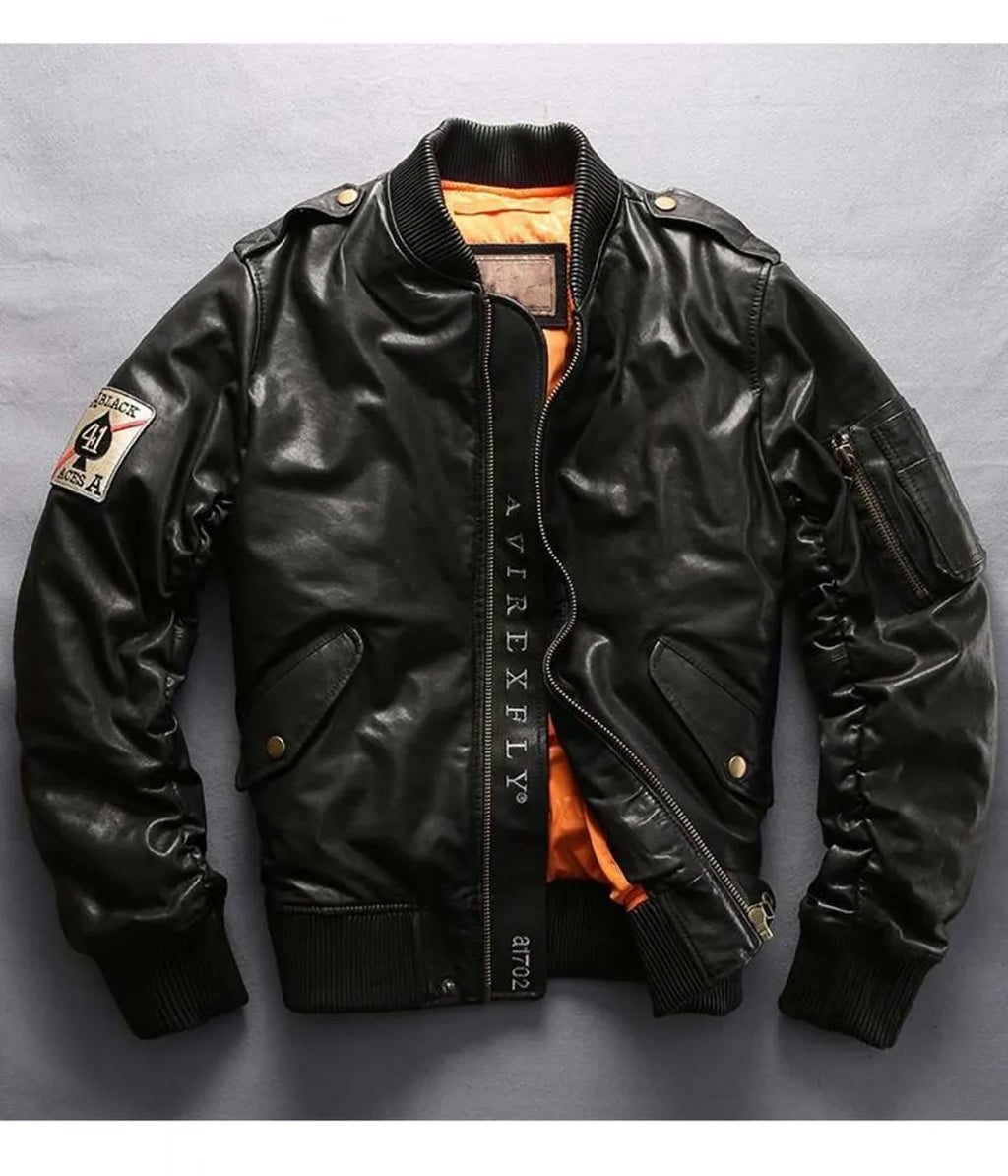 Casual Bomber Avirex Ace of Spades Leather Jacket with Patch