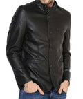 Men's Button Closure Casual Stand Up Collar Black Leather Blazer