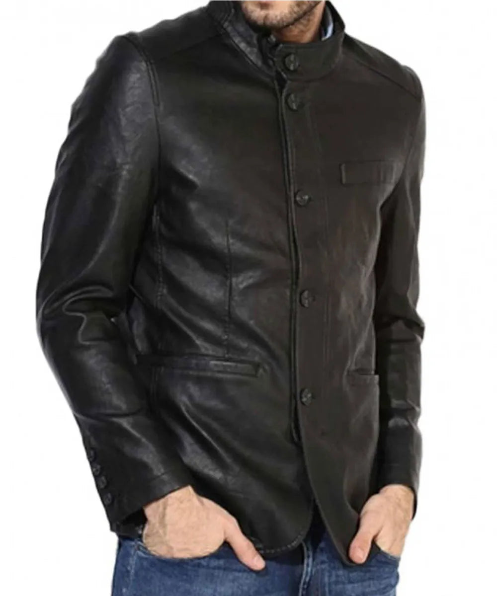Men's Button Closure Casual Stand Up Collar Black Leather Blazer