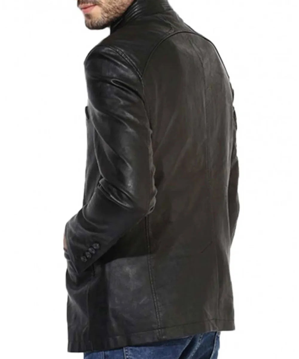 Men's Button Closure Casual Stand Up Collar Black Leather Blazer