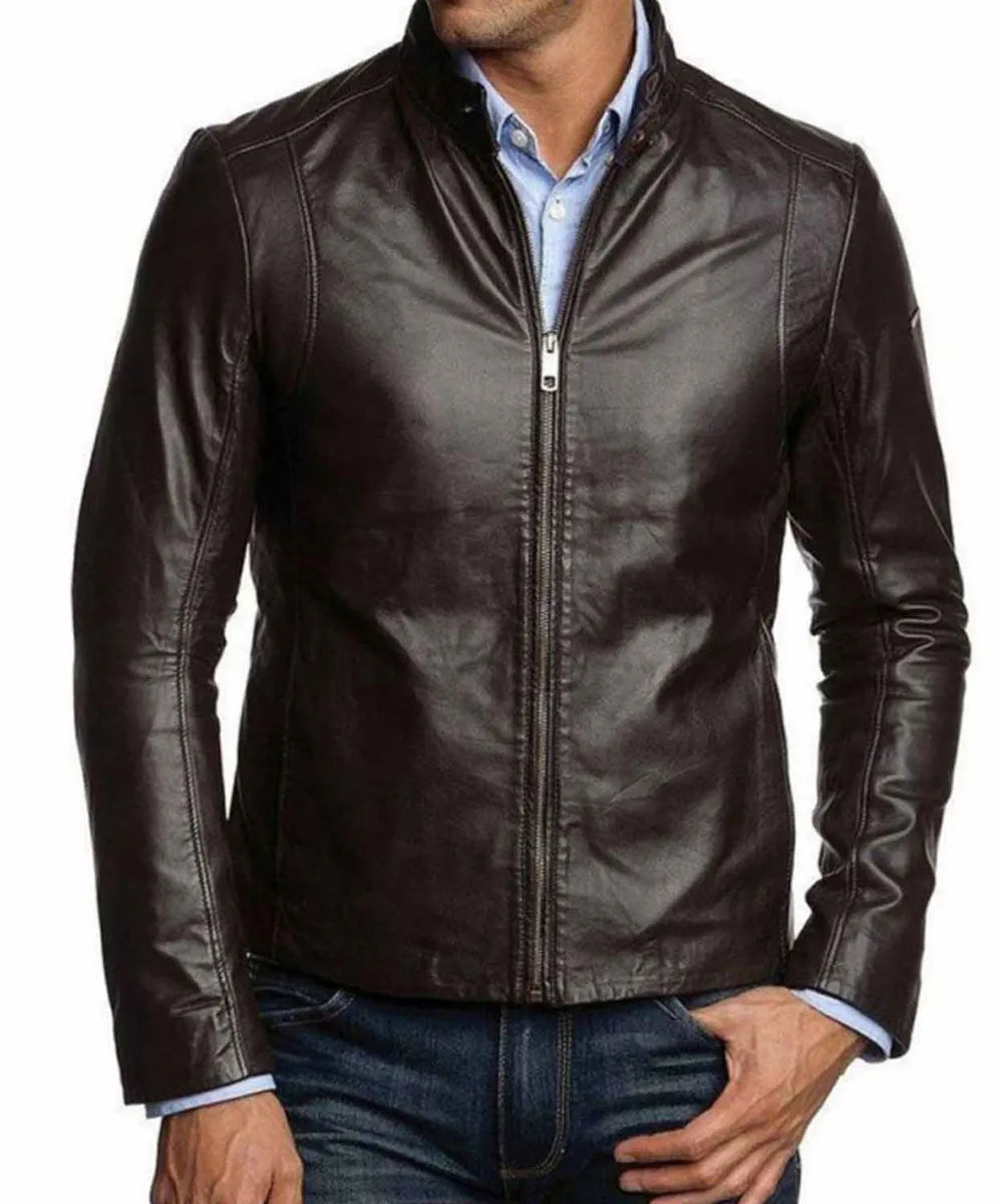 Men's Simple Look Casual Dark Brown Leather Jacket