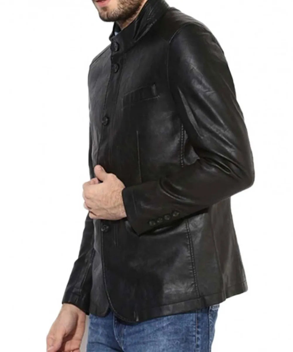 Men's Button Closure Casual Stand Up Collar Black Leather Blazer